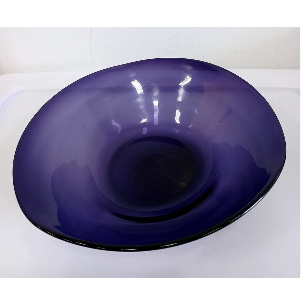VTG Hand Blown Purple Glass Art Bowl Mid Century Modern Centerpiece Decor